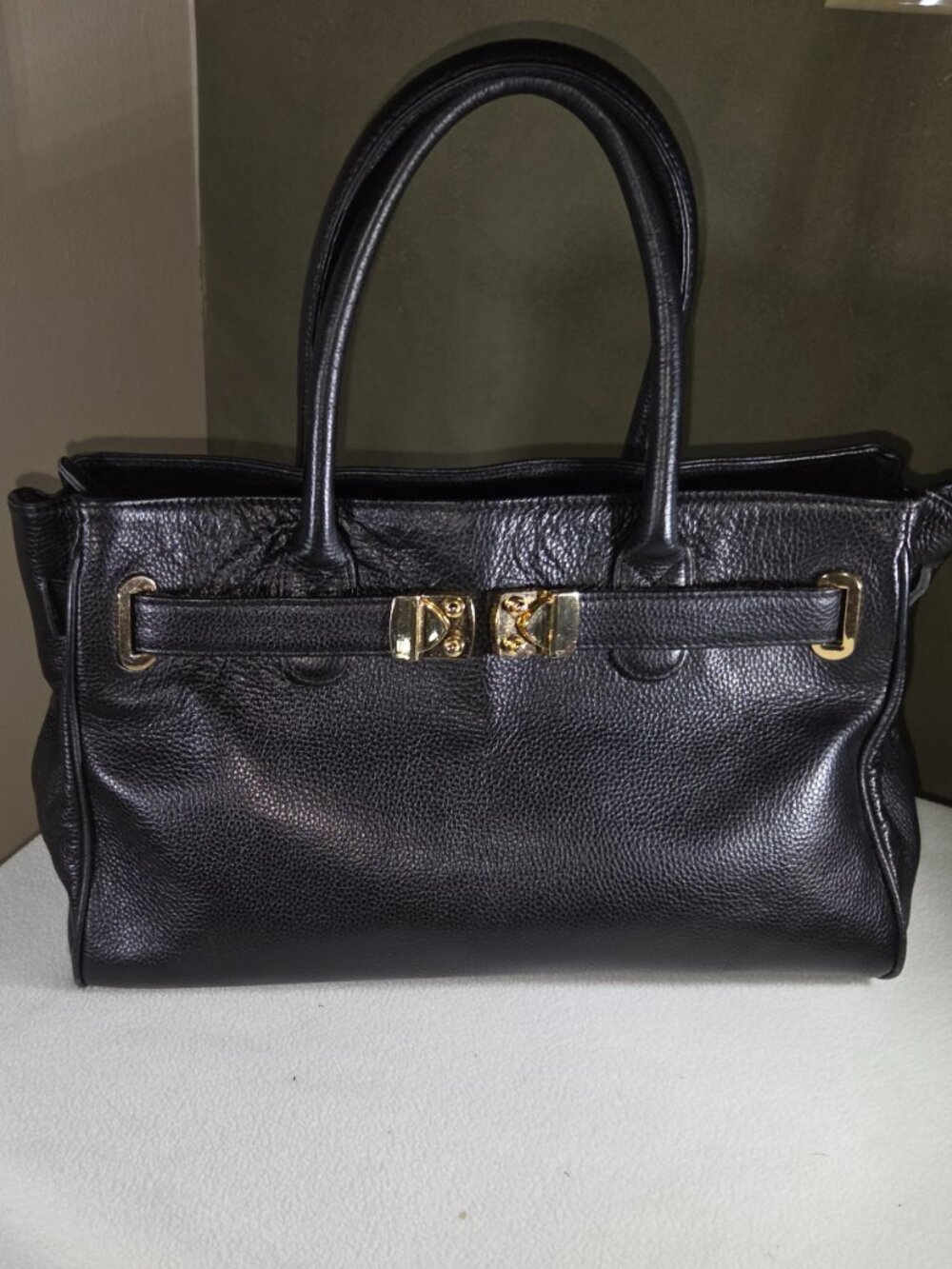 Onna Ehrlich Executive Black Pebbled Leather Satchel Tote Bag Gold Turnlock 14x8